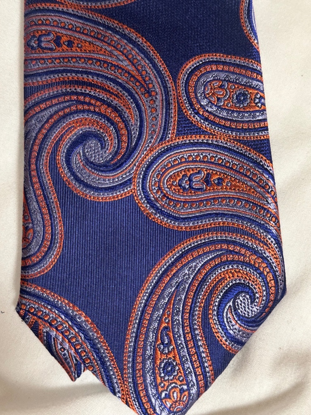 Paul Fredrick navy with orange abstract waves, retro style tie